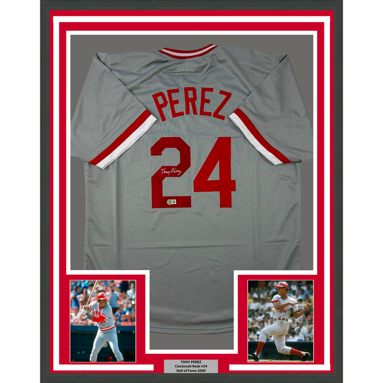 Framed Autographed/Signed Tony Perez 35x39 Cincinnati Grey Baseball Jersey Beckett BAS COA