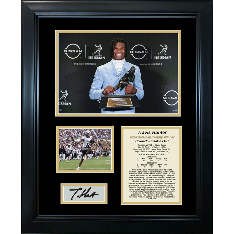 Framed Travis Hunter Colorado Buffaloes 2024 Heisman Trophy Winner Facsimile Laser Engraved Signature Auto 11"x14" College Football Photo Sig Collage