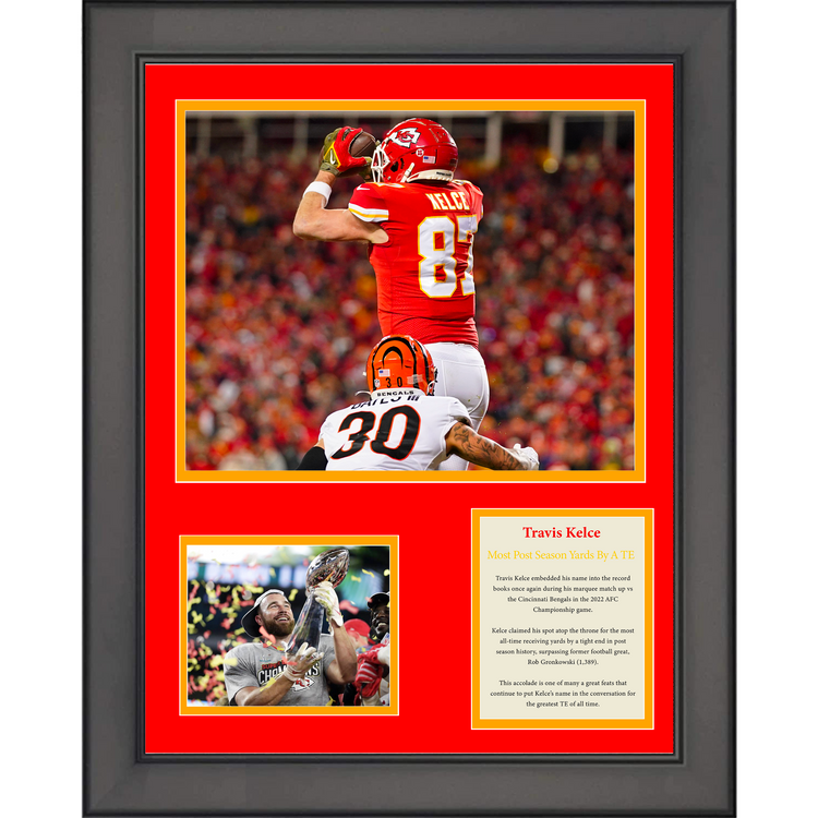 Framed Travis Kelce Record Most Post Season Receiving Yards by Tight End Kansas City Chiefs Football 11"x14" Three Photo Collage