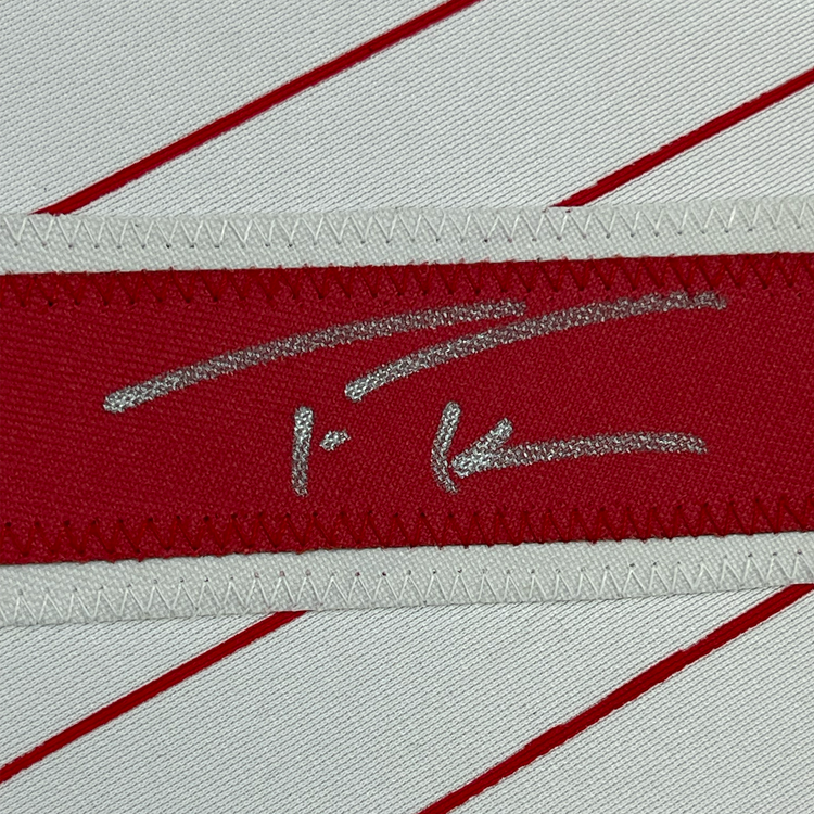Framed Autographed/Signed Trea Turner 35x39 Philadelphia Pinstripe Baseball Jersey Beckett BAS COA