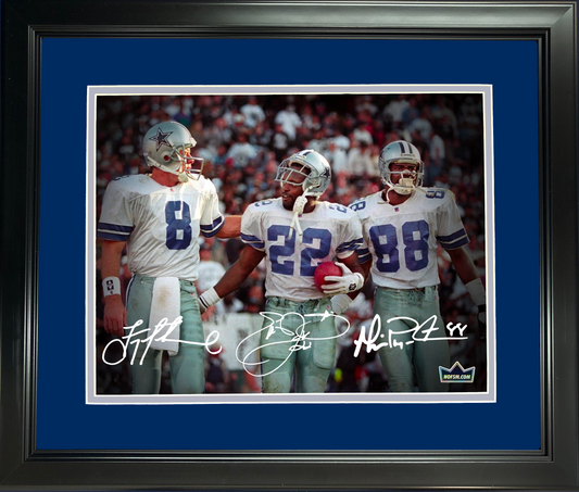 Framed Troy Aikman, Emmitt Smith & Michael Irvin Dallas Cowboys Facsimile Laser Engraved Signature Auto 11"x14" Football Photo HOFSM Holo