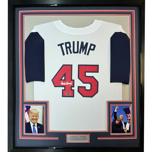 Framed Facsimile Autographed Donald Trump 35x39 #45 United States USA White Reprint Laser Auto Baseball Jersey