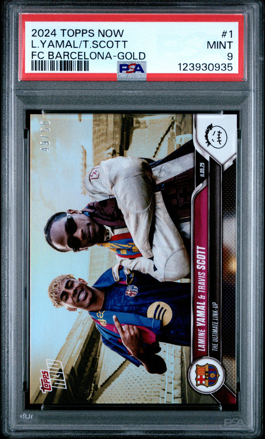 Graded 2024 Topps Now Lamine Yamal/Travis Scott #1 FC Barcelona Gold /50 Soccer Card PSA 9 Mint