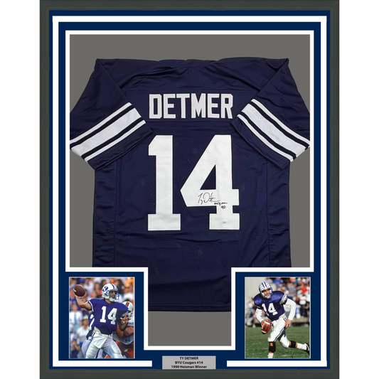 Framed Autographed/Signed Ty Detmer 35x39 Heisman 90 Brigham Young BYU Blue College Football Jersey JSA COA