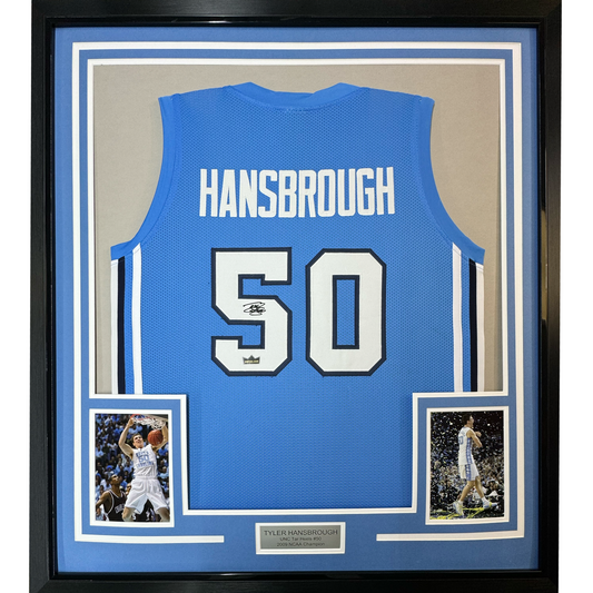 Framed Facsimile Autographed Tyler Hansbrough 35x39 UNC North Carolina Blue Reprint Laser Auto College Basketball Jersey