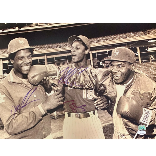 Autographed/Signed Mike Tyson Darryl Strawberry Dwight Doc Gooden New York Mets 16x20 Boxing Baseball Photo JSA COA