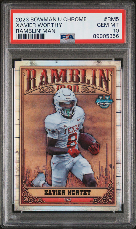Graded 2023 Topps Bowman University Xavier Worthy #RM5 Ramblin Man Rookie RC Football Card PSA 10 Gem Mint