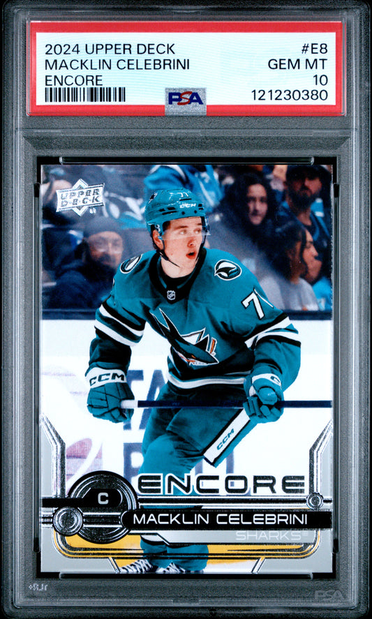 Graded 2024 Upper Deck Macklin Celebrini #E8 Encore Rookie RC Hockey Card PSA 10 Gem Mint