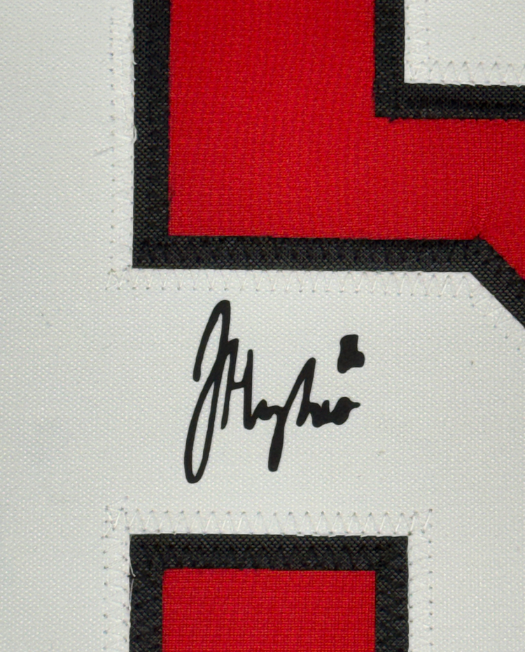 Framed Facsimile Autographed Jack Hughes 35x39 New Jersey Red Reprint Laser Auto Hockey Jersey