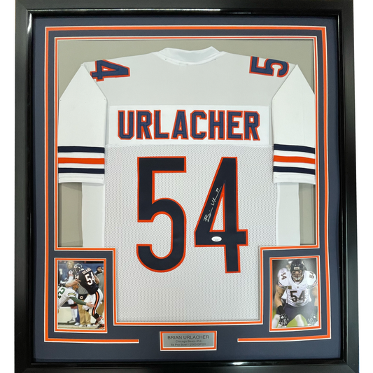 Framed Autographed/Signed Brian Urlacher 35x39 Chicago White Football Jersey Beckett BAS COA