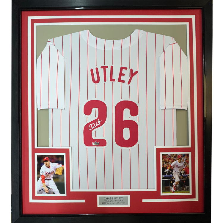 Framed Facsimile Autographed Chase Utley 35x39 Philadelphia Pinstripe Reprint Laser Auto Baseball Jersey