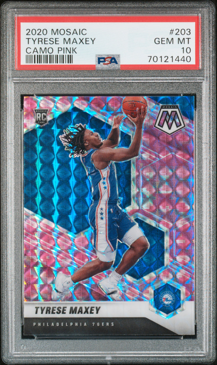 Graded 2020 Panini Mosaic Tyrese Maxey #203 Camo Pink Rookie RC Basketball Card PSA 10 Gem Mint