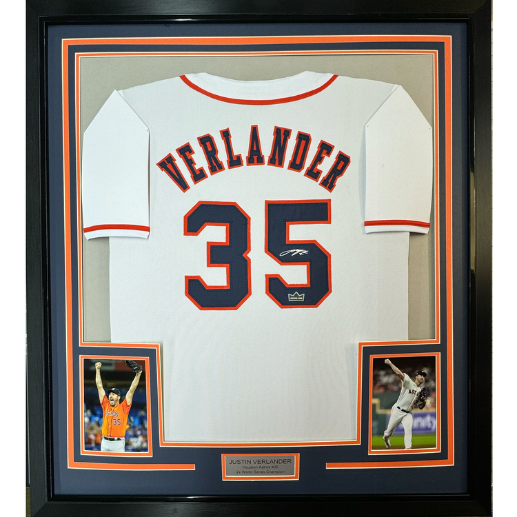 Framed Facsimile Autographed Justin Verlander 35x39 Houston White Reprint Laser Auto Baseball Jersey