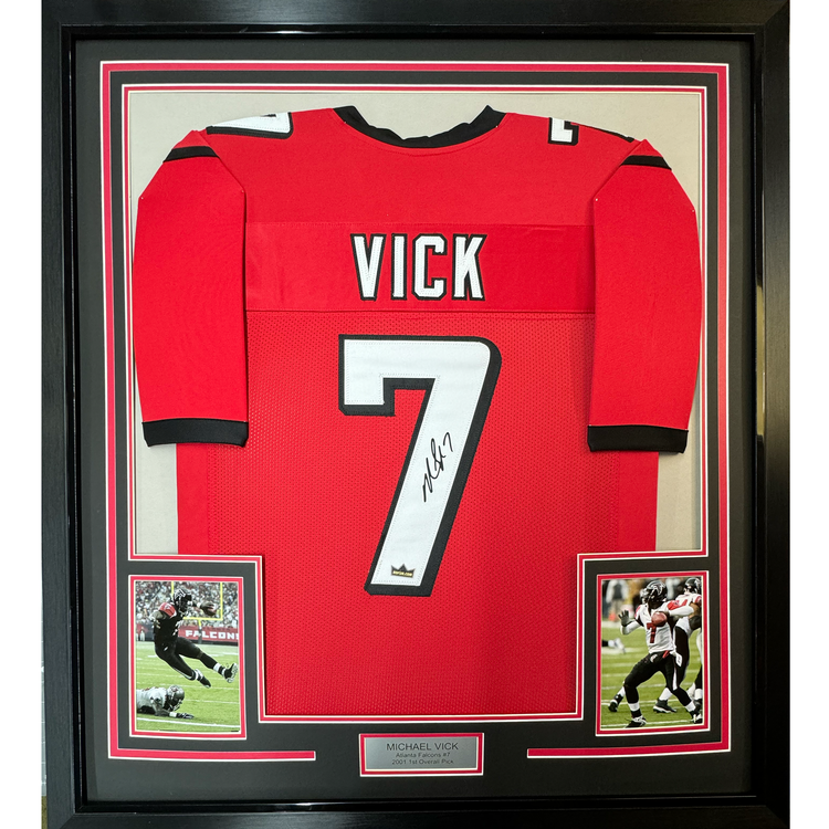 Framed Facsimile Autographed Michael Mike Vick 35x39 Atlanta Red Reprint Laser Auto Football Jersey