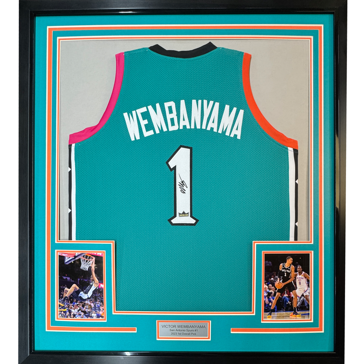 Framed Facsimile Autographed Victor Wembanyama San 35x39 Antonio Teal Retro Reprint Laser Auto Basketball Jersey