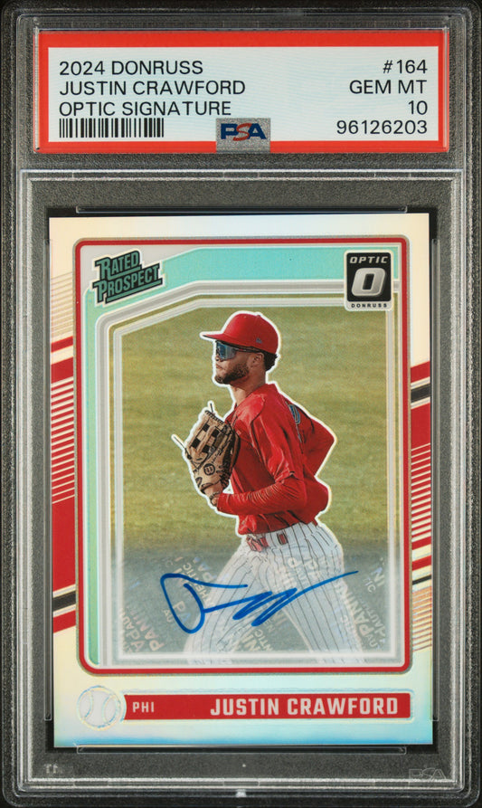 Graded 2024 Panini Donruss Justin Crawford #164 Optic Signature Rookie RC Baseball Card PSA 10 Gem Mint