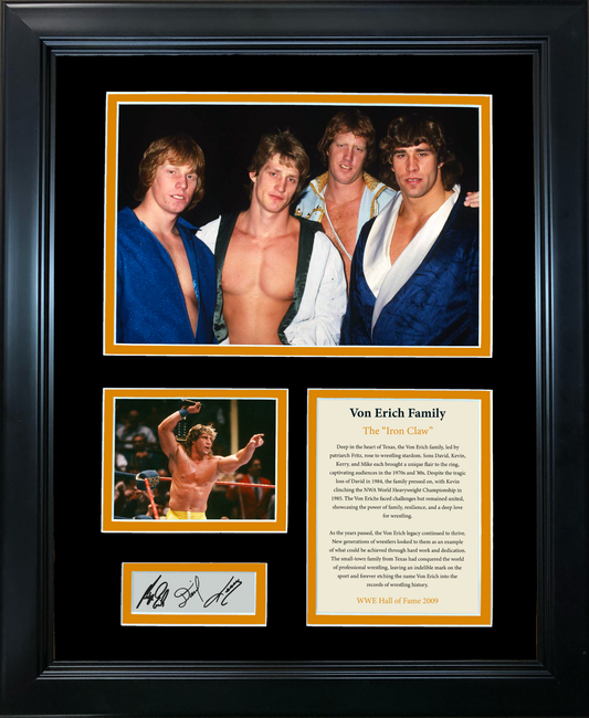 Framed The Von Erich Family  Iron Claw Hall of Fame Kevin, David, Kerry & Fritz Facsimile Laser Engraved Signatures Auto 11"x14" Wrestling Photo Sig Collage