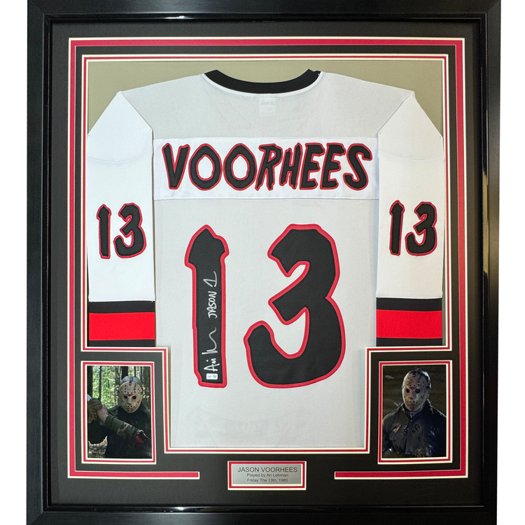 Framed Autographed/Signed Ari Lehman Jason Voorhees 35x39 Friday The 13th White Movie Jersey Steiner CX COA