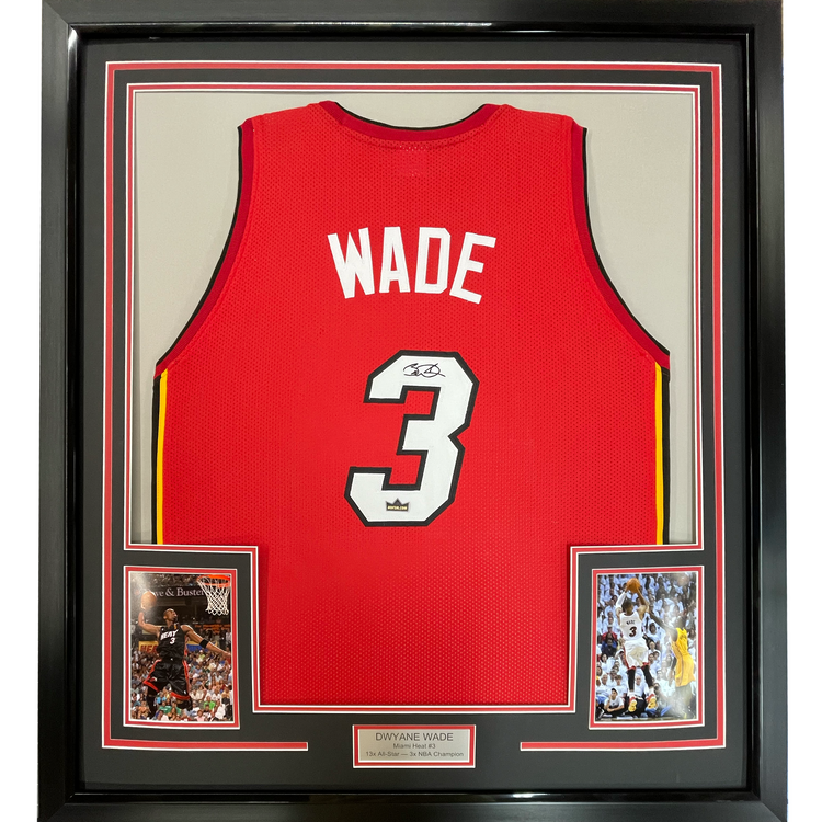 Framed Facsimile Autographed Dwyane Wade 35x39 Miami Red Reprint Laser Auto Basketball Jersey