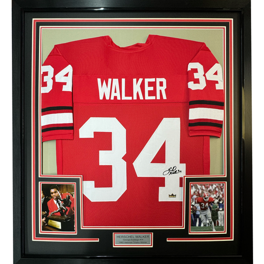 Framed Facsimile Autographed Herschel Walker 35x39 Georgia Red Reprint Laser Auto College Football Jersey
