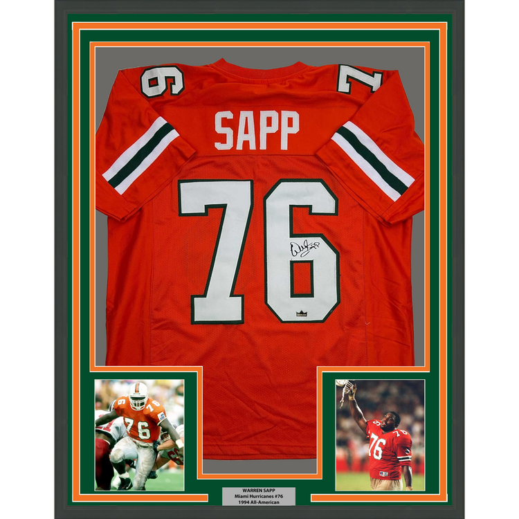 Framed Facsimile Autographed Warren Sapp 35x39 Miami Orange Reprint Laser Auto College Football Jersey
