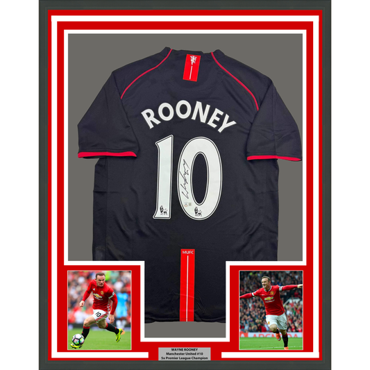 Framed Autographed/Signed Wayne Rooney 35x39 Manchester United Black 2008 Soccer Jersey Beckett BAS COA
