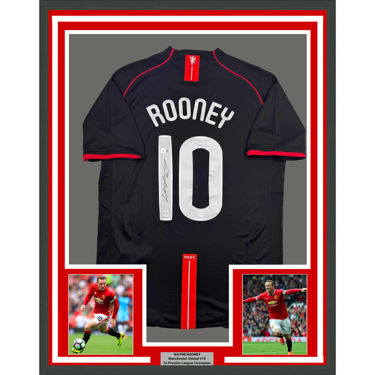 Framed Autographed/Signed Wayne Rooney 35x39 Manchester United Black 2008 Champions League Final Soccer Jersey Beckett BAS COA