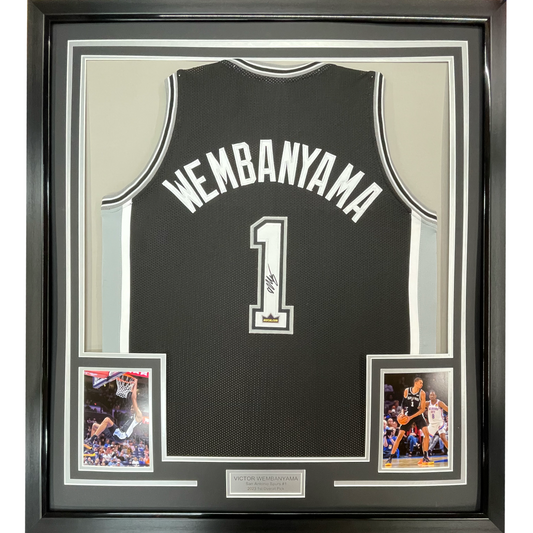 Framed Facsimile Autographed Victor Wembanyama 35x39 San Antonio Black Reprint Laser Auto Basketball Jersey