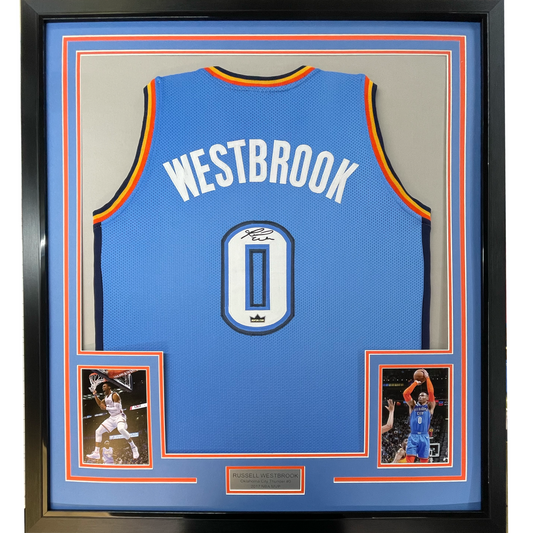 Framed Facsimile Autographed Russell Westbrook 35x39 Oklahoma City Blue Reprint Laser Auto Basketball Jersey