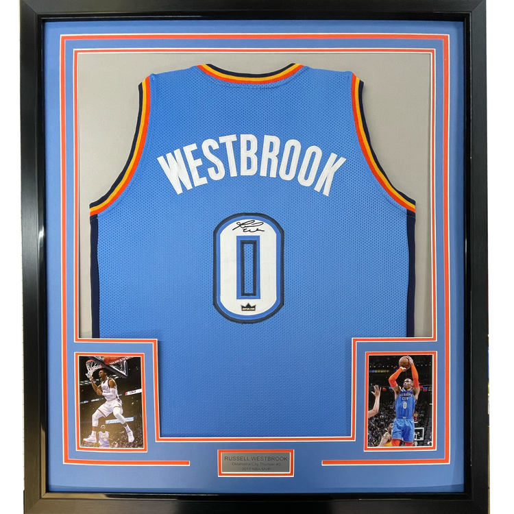 Framed Facsimile Autographed Russell Westbrook 35x39 Oklahoma City Blue Reprint Laser Auto Basketball Jersey