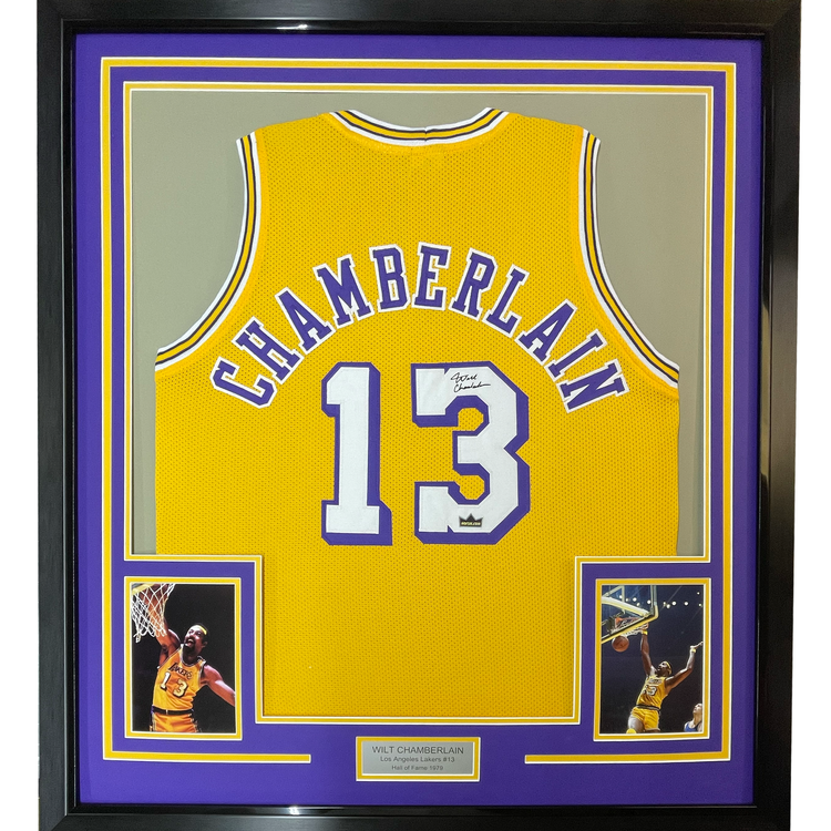 Framed Facsimile Autographed Wilt Chamberlain 35x39 Los Angeles LA Yellow Reprint Laser Auto Basketball Jersey