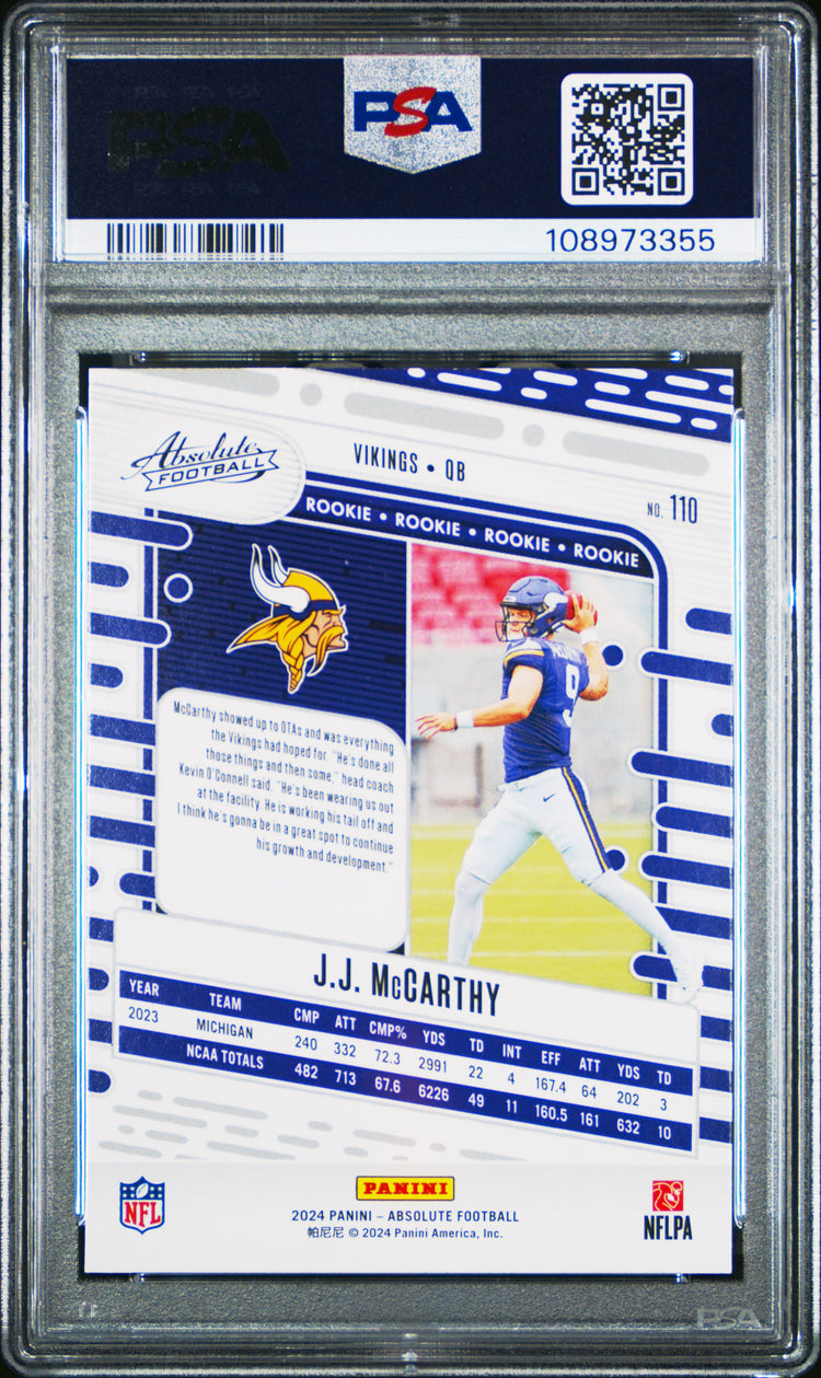 Graded 2024 Panini Absolute JJ McCarthy #110 Rookie RC Football Card PSA 9 Mint