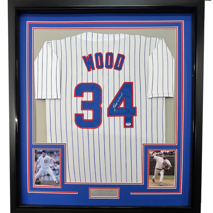 Framed Autographed/Signed Kerry Wood 35x39 Chicago Pinstripe Baseball Jersey PSA/DNA COA