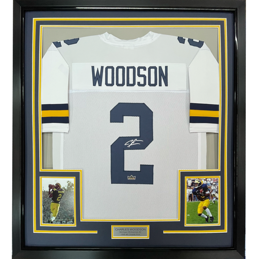 Framed Facsimile Autographed Charles Woodson 35x39 Michigan White Reprint Laser Auto College Football Jersey Size Men's XL