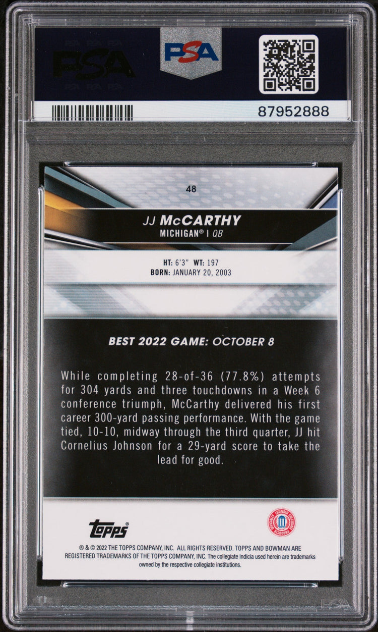 Graded 2022 Topps Bowman Best University JJ McCarthy #48 Rookie RC Football Card PSA 10 Gem Mint