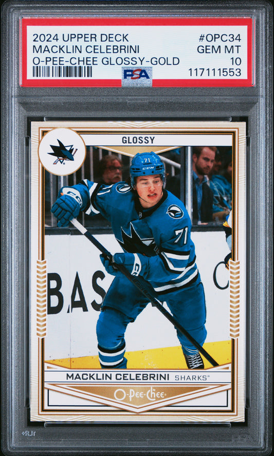 Graded 2024 Upper Deck Macklin Celebrini #OPC34 O-Pee-Chee Glossy Gold Rookie RC Hockey Card PSA 10 Gem Mint