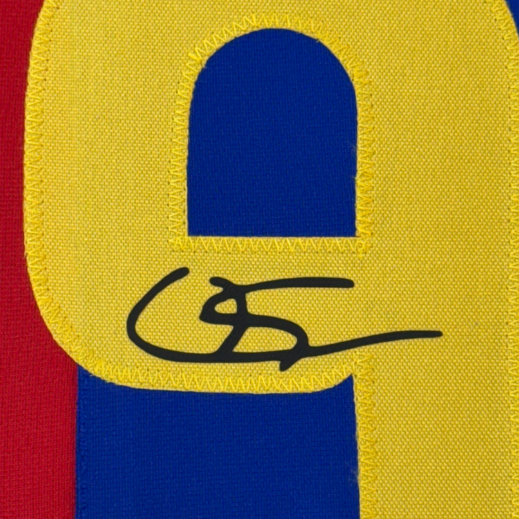 Framed Facsimile Autographed Lamine Yamal 35x39 FC Barcelona Blue/Red Reprint Laser Auto Soccer Jersey