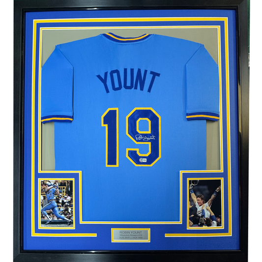 Framed Autographed/Signed Robin Yount 35x39 Milwaukee Blue Baseball Jersey JSA COA