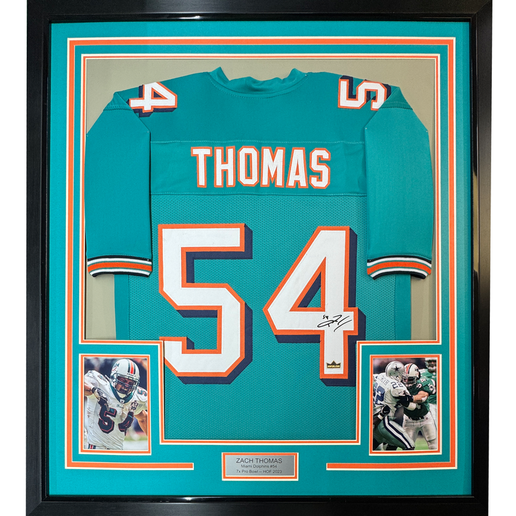 Framed Facsimile Autographed Zach Thomas 35x39 Miami Teal Reprint Laser Auto Football Jersey