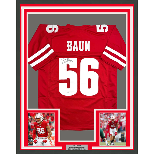 Framed Autographed/Signed Zack Baun 35x39 Wisconsin Red College Football Jersey JSA COA