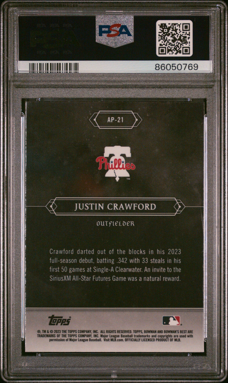 Graded 2023 Topps Bowmans Best Justin Crawford #AP21 Astral Projections Rookie RC Baseball Card PSA 10 Gem Mint