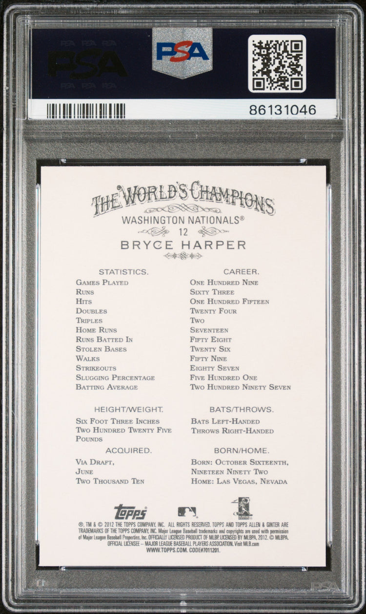 Graded 2012 Topps Allen & Ginter Bryce Harper #12 Rookie RC Baseball Card PSA 10 Gem Mint