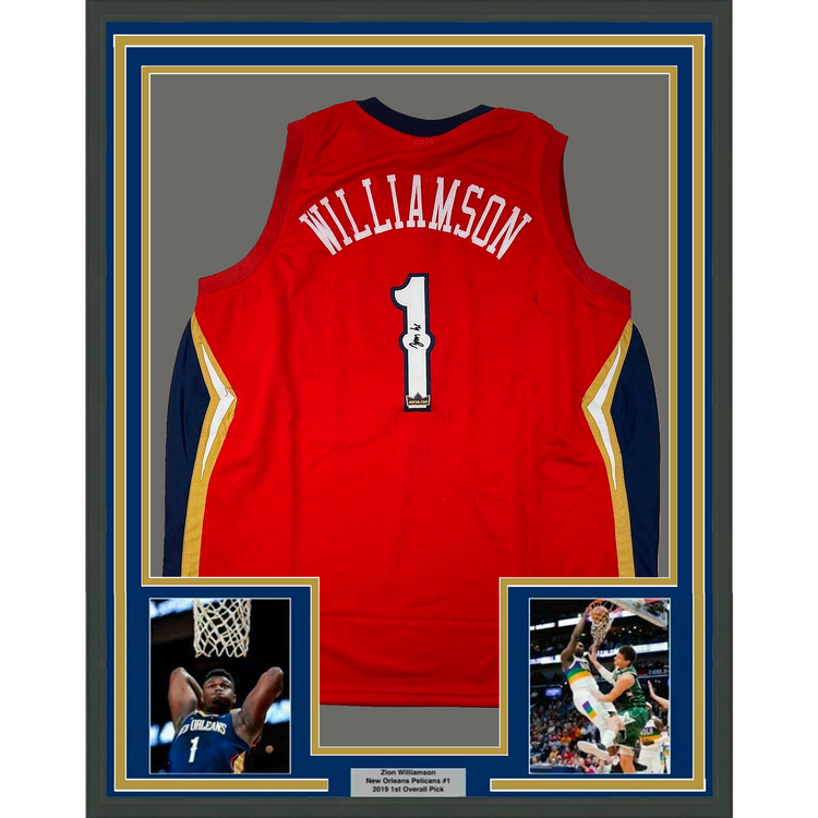 Framed Facsimile Autographed Zion Williamson 35x39 New Orleans Red Reprint Laser Auto Basketball Jersey