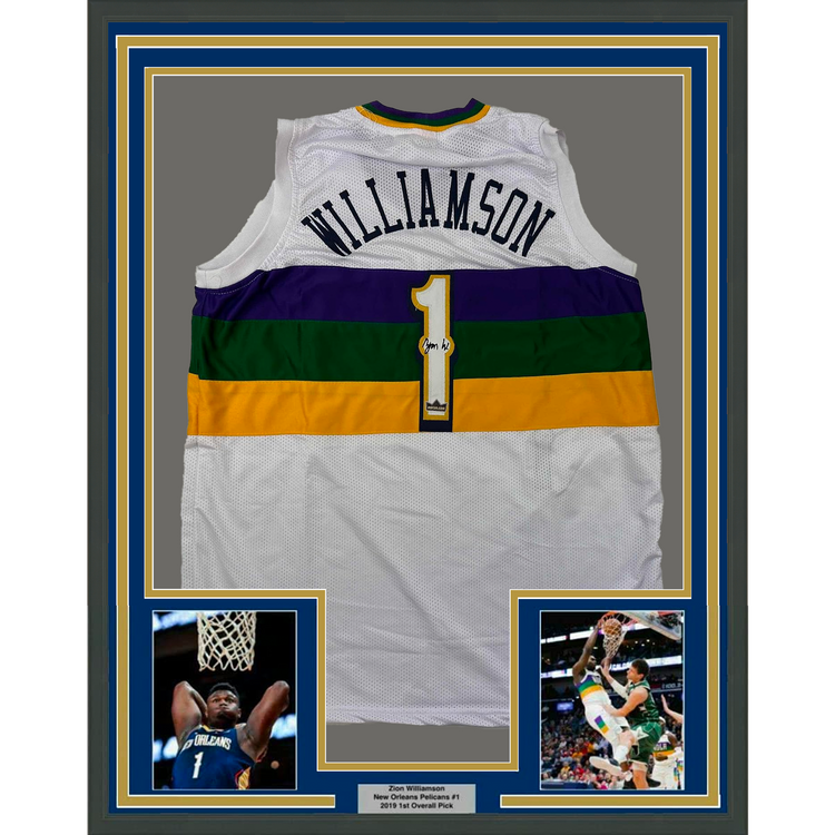 Framed Facsimile Autographed Zion Williamson 35x39 New Orleans White City Reprint Laser Auto Basketball Jersey