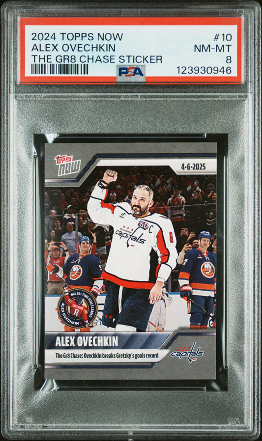 Graded 2024 Topps Now Alex Ovechkin #10 The GR8 Chase Sticker Hockey Card PSA 8 Near Mint