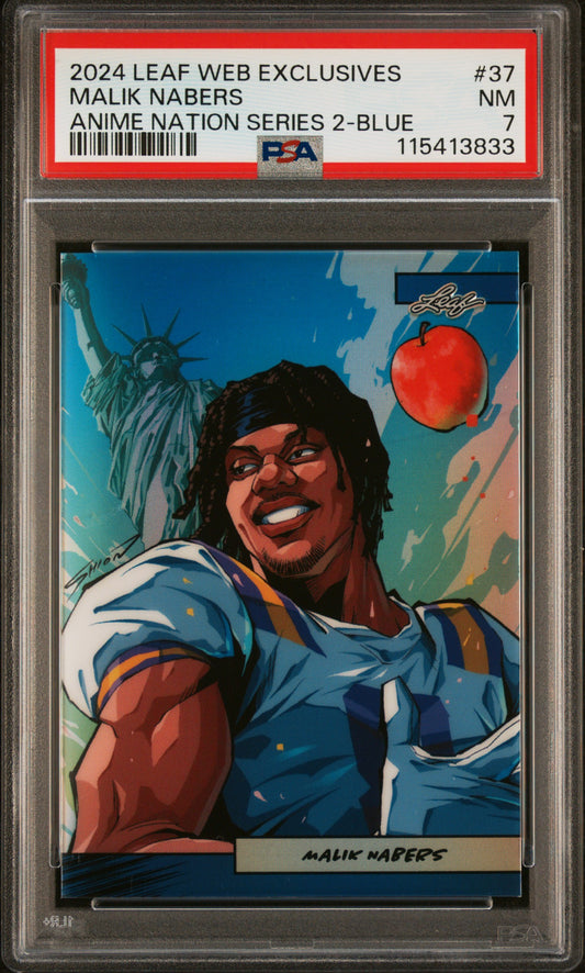 Graded 2024 Leaf Web Exclusives Malik Nabers #37 Anime Nation Series 2 Blue /75 Football Card PSA 7 Near Mint