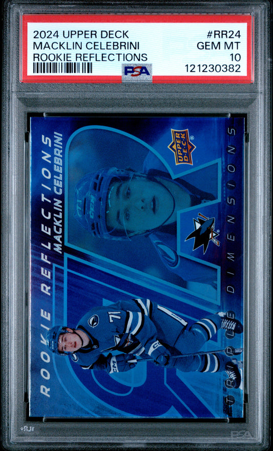 Graded 2024 Upper Deck Macklin Celebrini #RR24 Rookie Reflections Rookie RC Hockey Card PSA 10 Gem Mint