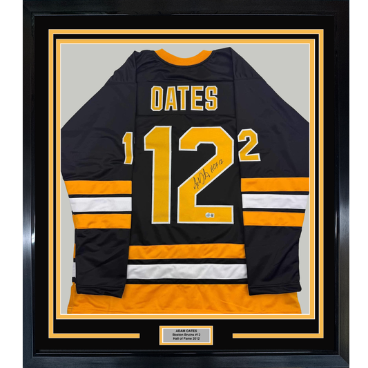 Framed Autographed/Signed Adam Oates 35x39 "HOF 12" Boston Black Hockey Jersey Beckett BAS COA