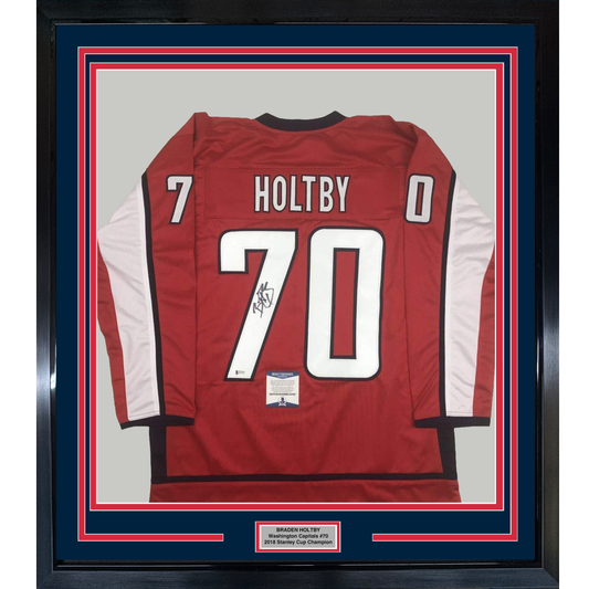 Framed Autographed/Signed Braden Holtby 35x39 Washington Red Hockey Jersey Beckett BAS COA
