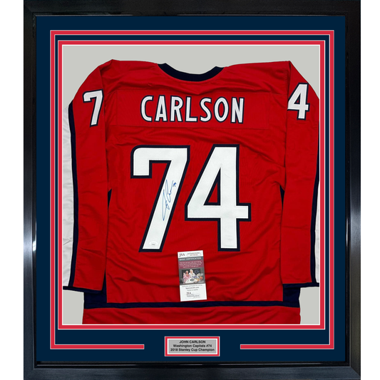 Framed Autographed/Signed John Carlson 35x39 Washington Red Hockey Jersey JSA COA